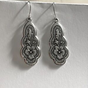 Wavy Boho Art Nouveau Style Drop Dangle Floral Engraved Silver Hook Earrings